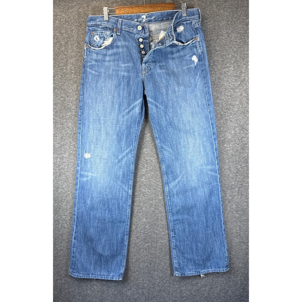7 For All Mankind Relaxed Jeans Mens 34 Blue Factory Distressed Button Fly USA